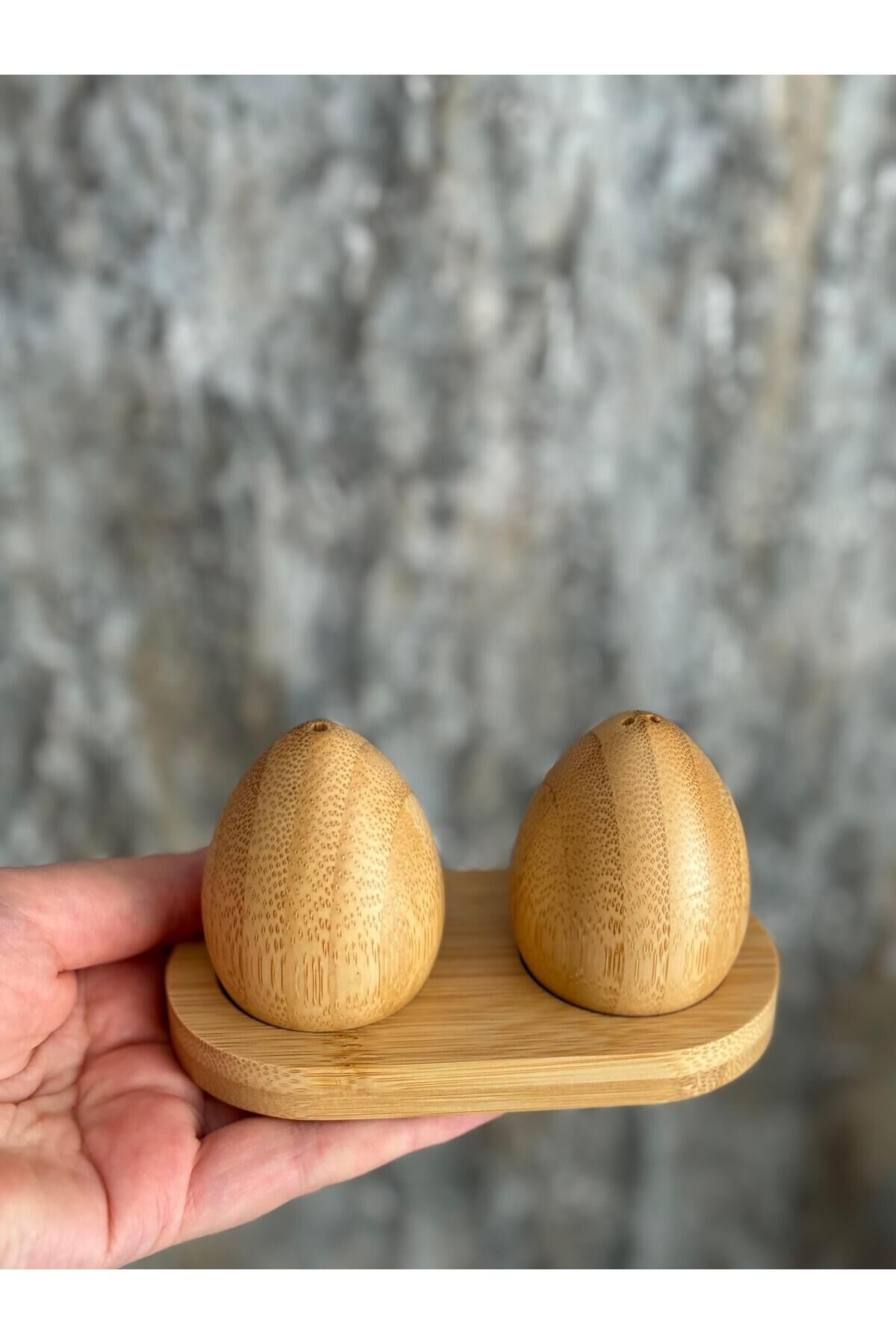 Bambu Yumurta Model Tuzluk & Biberlik Ahşap Bej