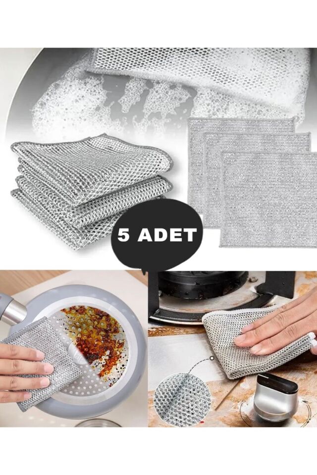 5 Adet 20x20 Inox Tel Bez Bulaşık Bezi, Zor Kir Bezi, Mutfak Banyo Bezi Çift Katlı Çok Amaçlı Bez