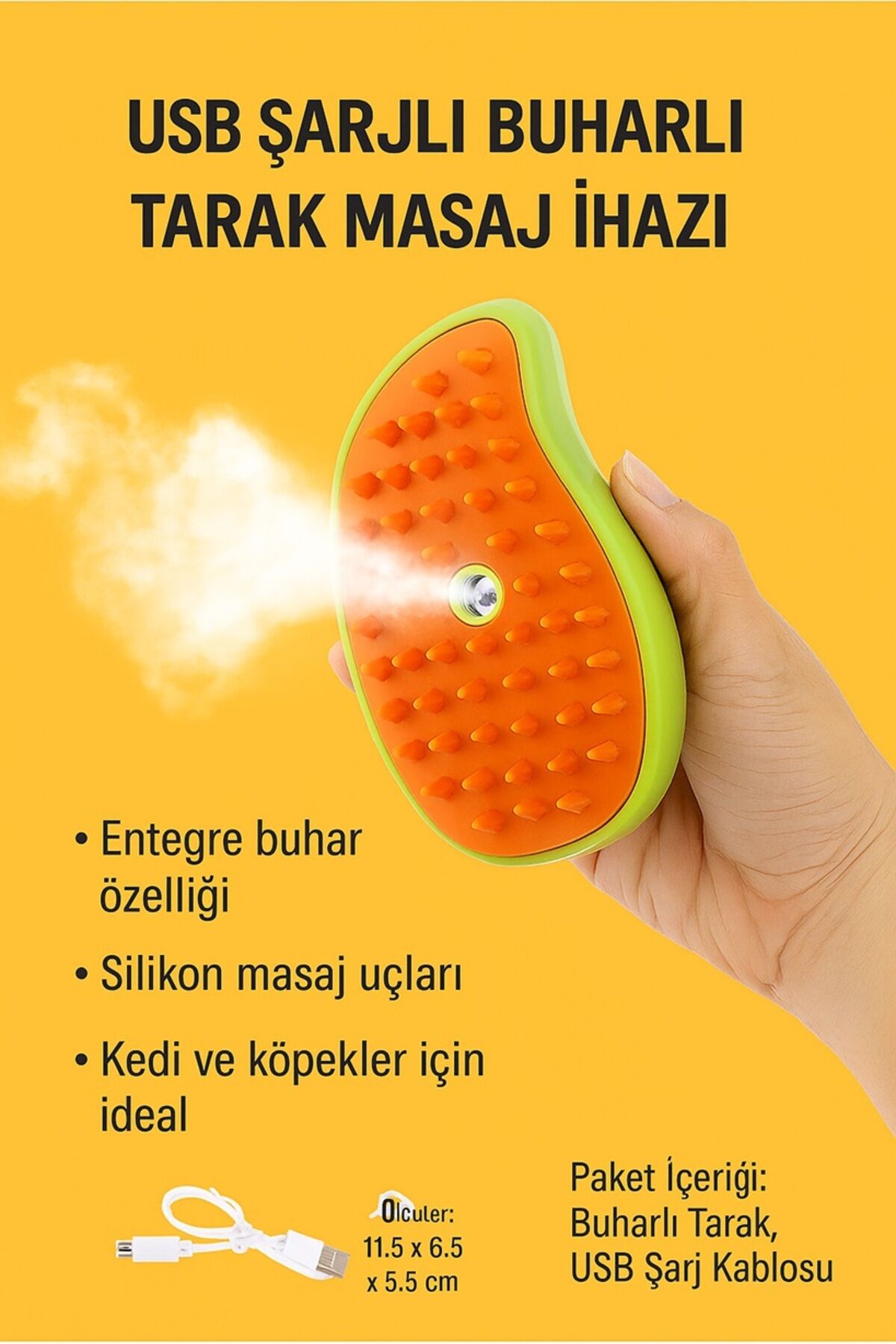 USB Şarjlı Buharlı Tarak Masaj Cihazı – Evcil Hayvan Bakım Tarağı Tek Ebat