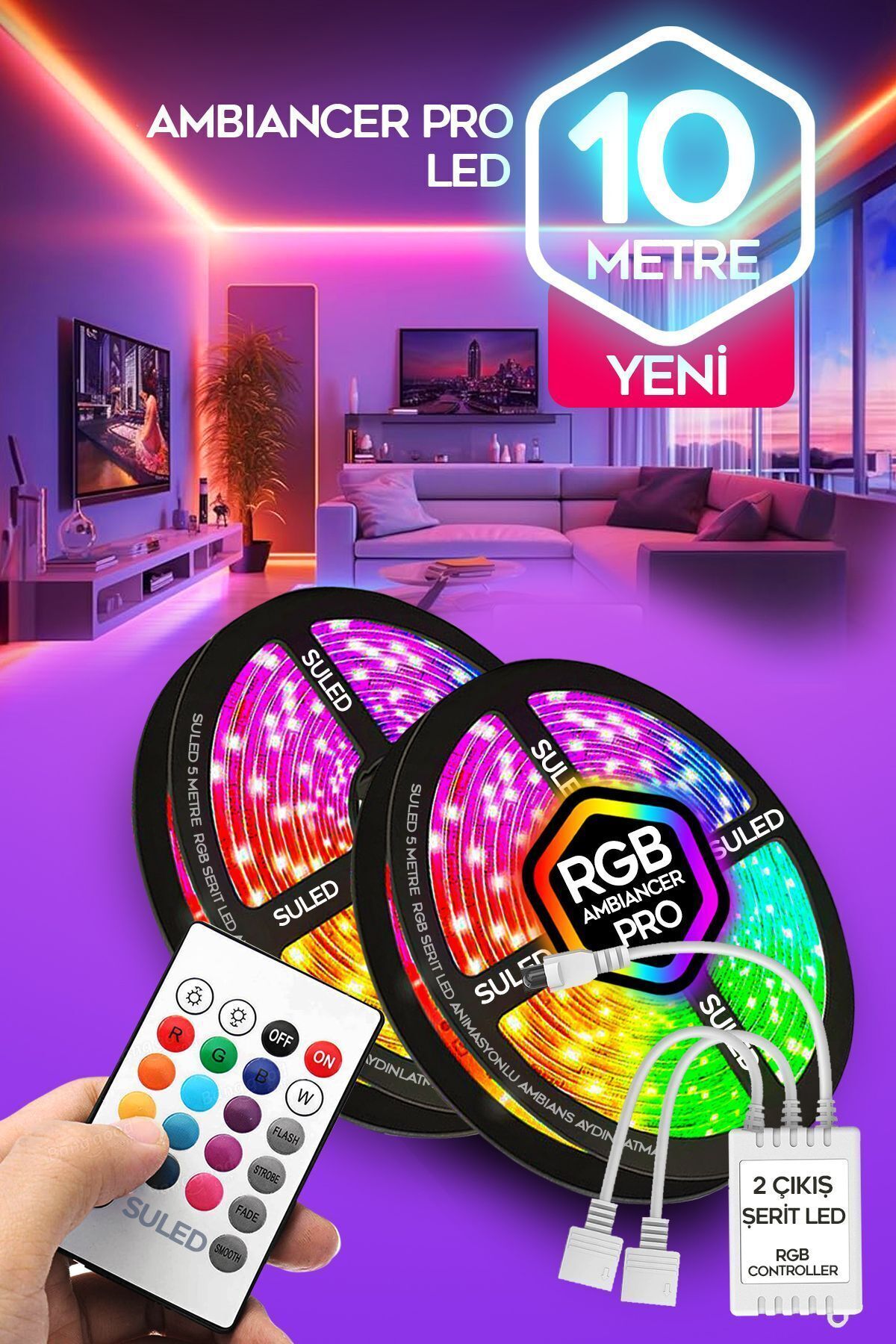 10 Metre Şerit Led 16 Mod Ambiyans Ortam Işığı Tak Çalıştır Kumandalı Trafolu Rgb Şerit Işık no color - Tek Ebat