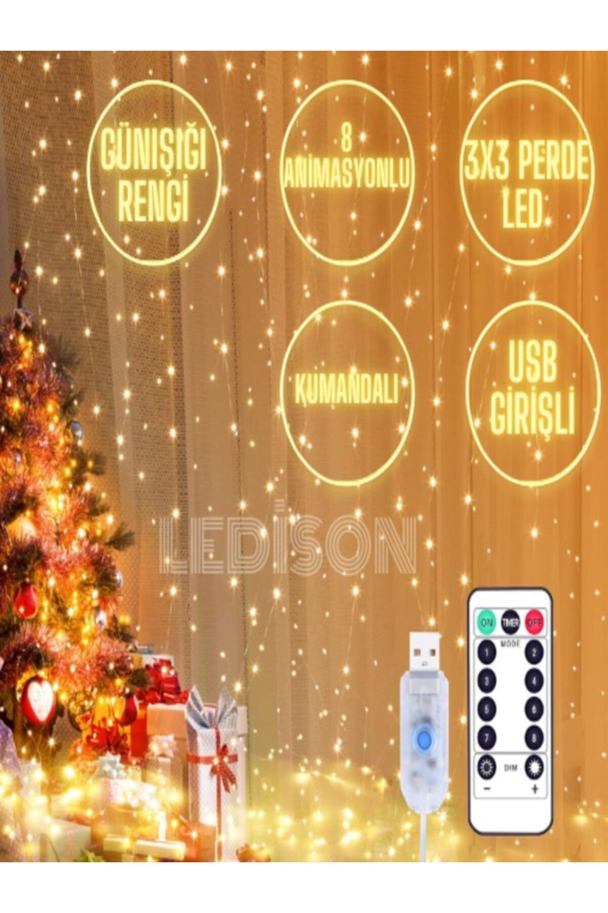 Kumandalı 8 Ayrı Moda Sahip 3mx3m ( 300 Cm X 300 Cm ) Perde Led Tel Led Usb