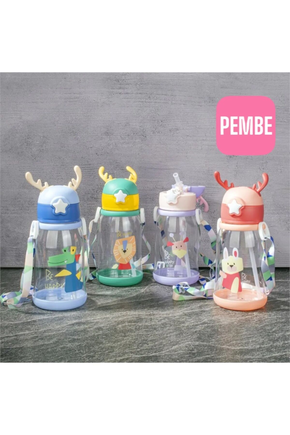 600 ML POLYKARBON GEYİKLİ MATARA PİPETLİ OTOMATİK KAPAKLI 20 CM UZUNLUK Pembe - Tek Ebat