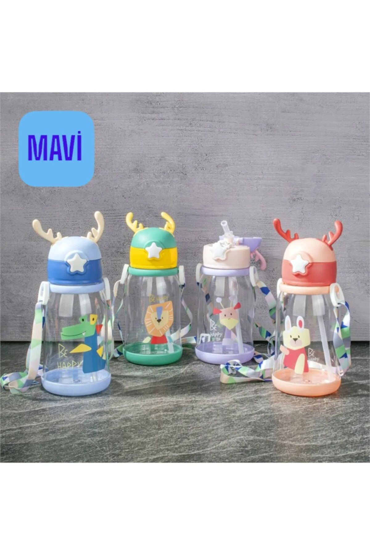 600 ML POLYKARBON GEYİKLİ MATARA PİPETLİ OTOMATİK KAPAKLI 20 CM UZUNLUK Mavi - Tek Ebat