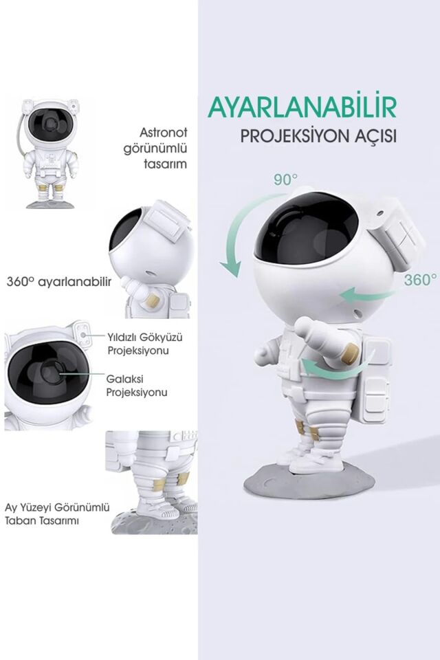 Astronot Figürlü Galaxy Projeksiyon Gece Lambası – Uzaktan Kumandalı RGB Renkli Yıldız Işıklı Lamba Beyaz - Tek Ebat - 26 cm