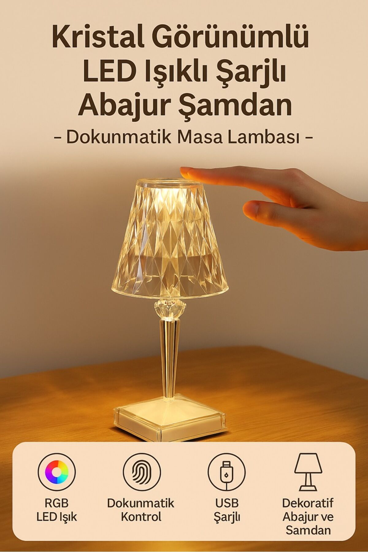 Kristal Görünümlü Şarjlı LED Abajur Şamdan – Dokunmatik Masa Lambası Dekoratif Gece Işığı Beyaz - Tek Ebat - 26 cm