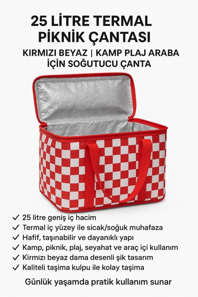 25 Litre Termal Piknik Çantası Kırmızı Beyaz | Kamp Plaj Araba İçin Soğutucu Çanta Kırmızı - Tek Ebat