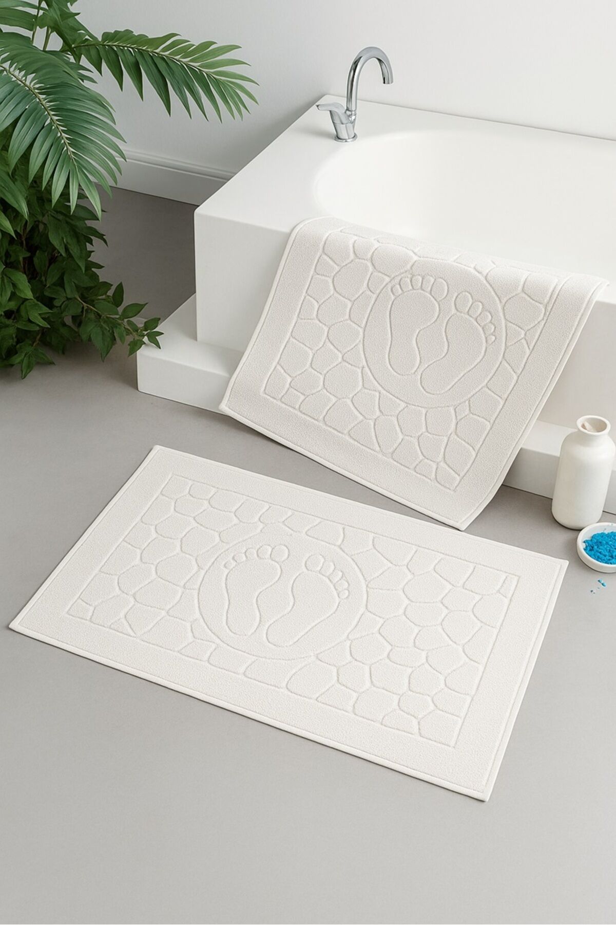 %100 Pamuklu Beyaz Kaymaz Tabanlı Su Emici Ayak İzi Desenli Banyo Paspası 1 Adet Beyaz - Tek Ebat - 50 x 70