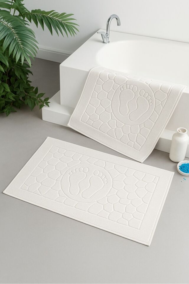 %100 Pamuklu Beyaz Kaymaz Tabanlı Su Emici Ayak İzi Desenli Banyo Paspası 1 Adet Beyaz - Tek Ebat - 50 x 70