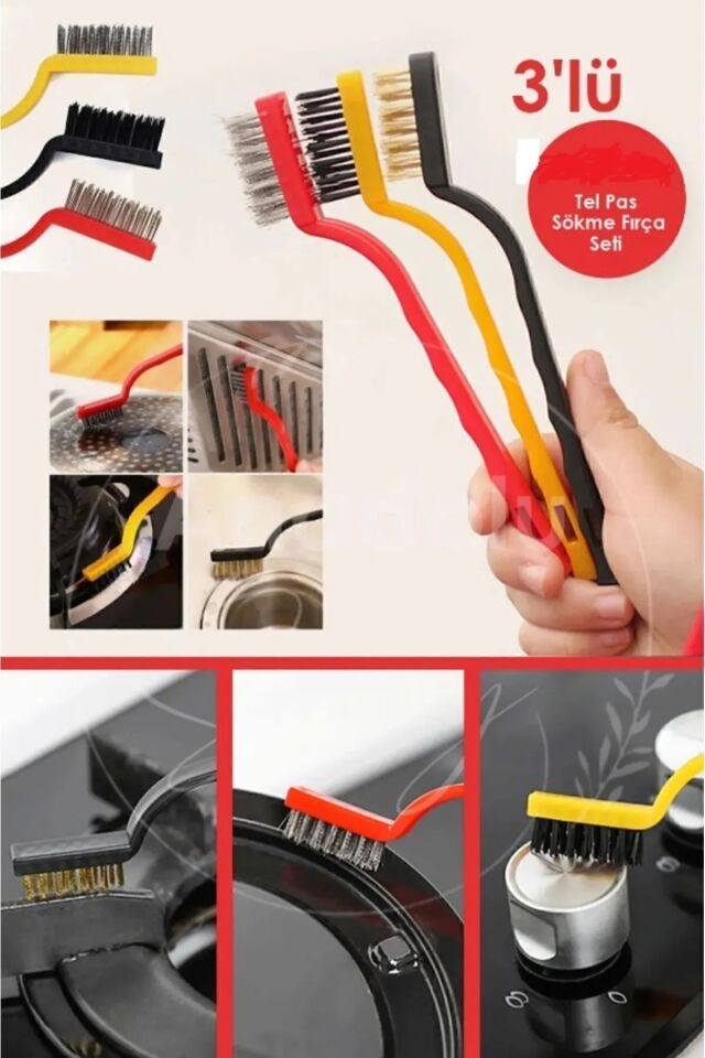 3 Adet Ocak Fırın Mangal Izgara Airfryer Temizliği Tel Pas Sökme Fırçası Yağ Temizleme Fırçası