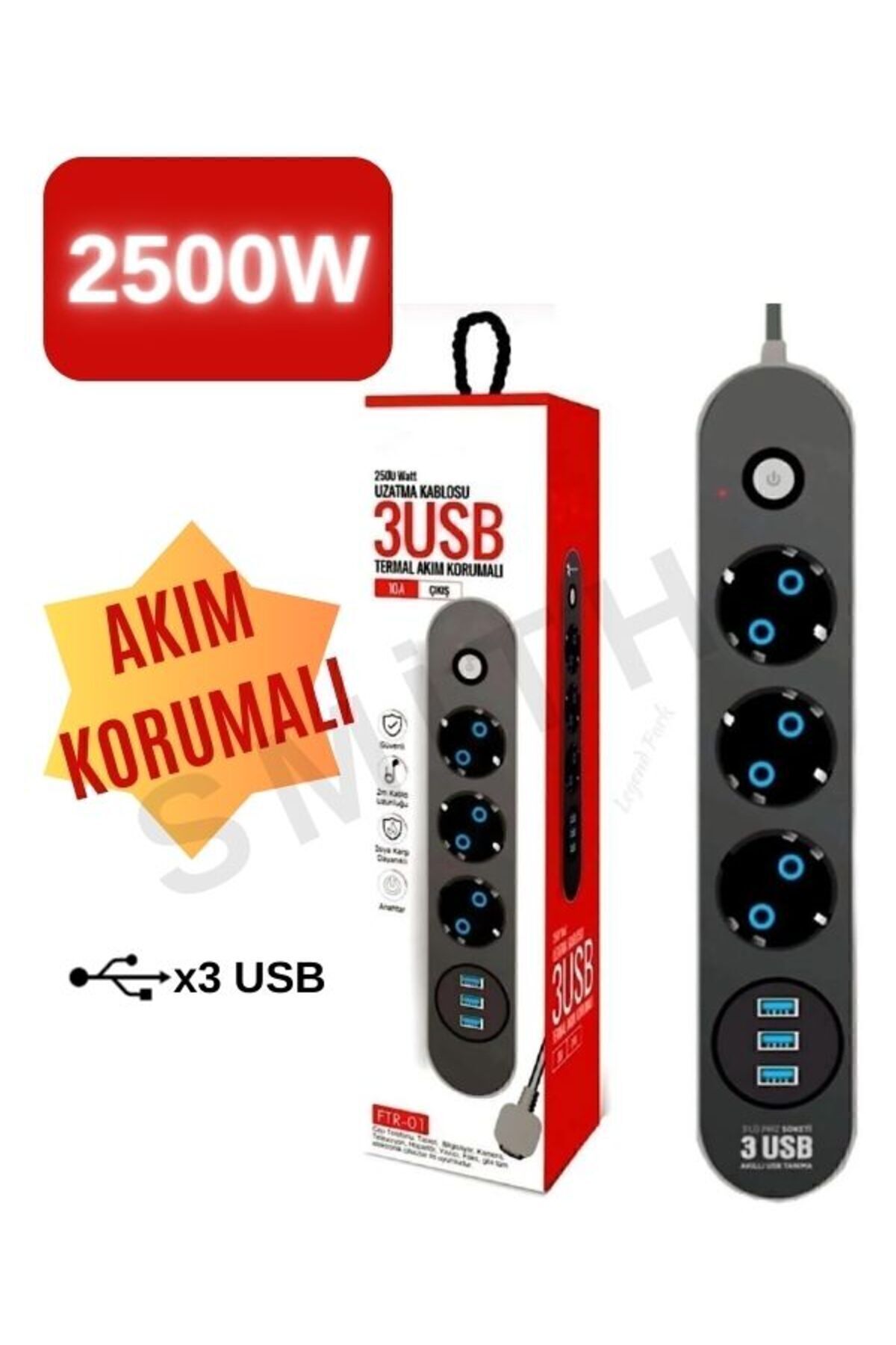 Ftr-01 2x Usb 3lü 2 M Metre Çocuk Akım Korumalı Priz Uzatma Kablosu