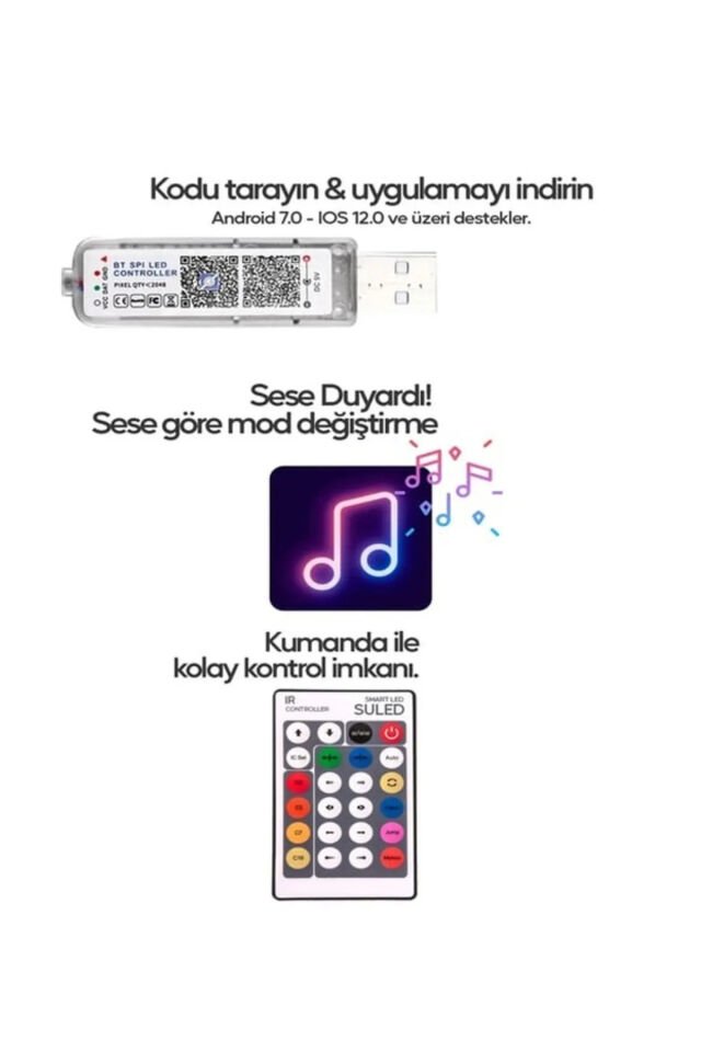 Led Animasyonlu Tak Çalıştır Kumandalı Trafolu Rgb Şerit Işık Aydınlatma 5 Metre
