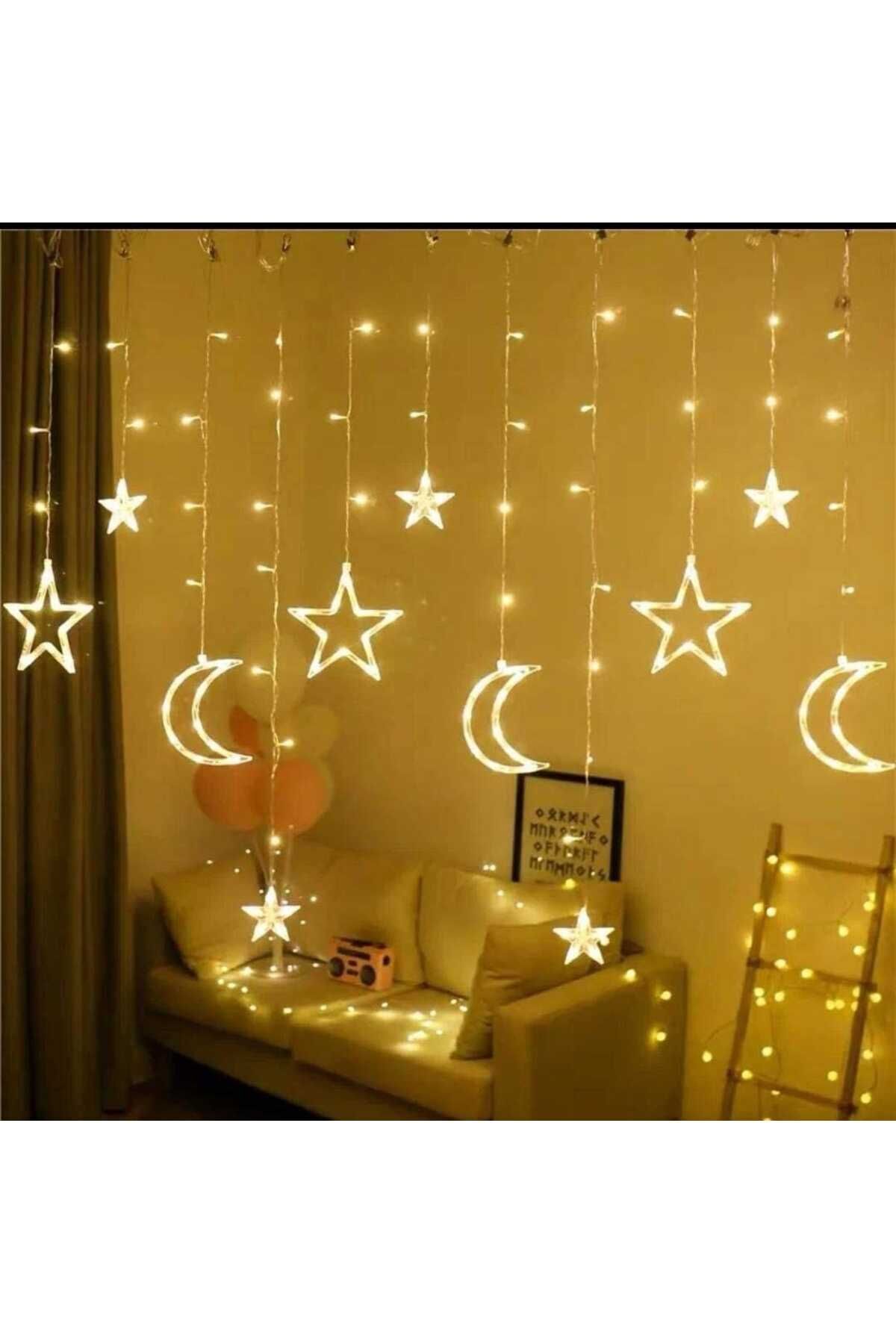 Ay Hilal Yıldız Perde Led - Ramazan Bayramı Sarı Işıklı Fişli