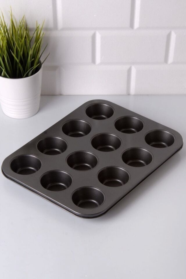 Premium Kalite 12'li Muffin Kalıbı, 1. Sınıf Premium Metal Kek Kalıbı Siyah - Tek Ebat