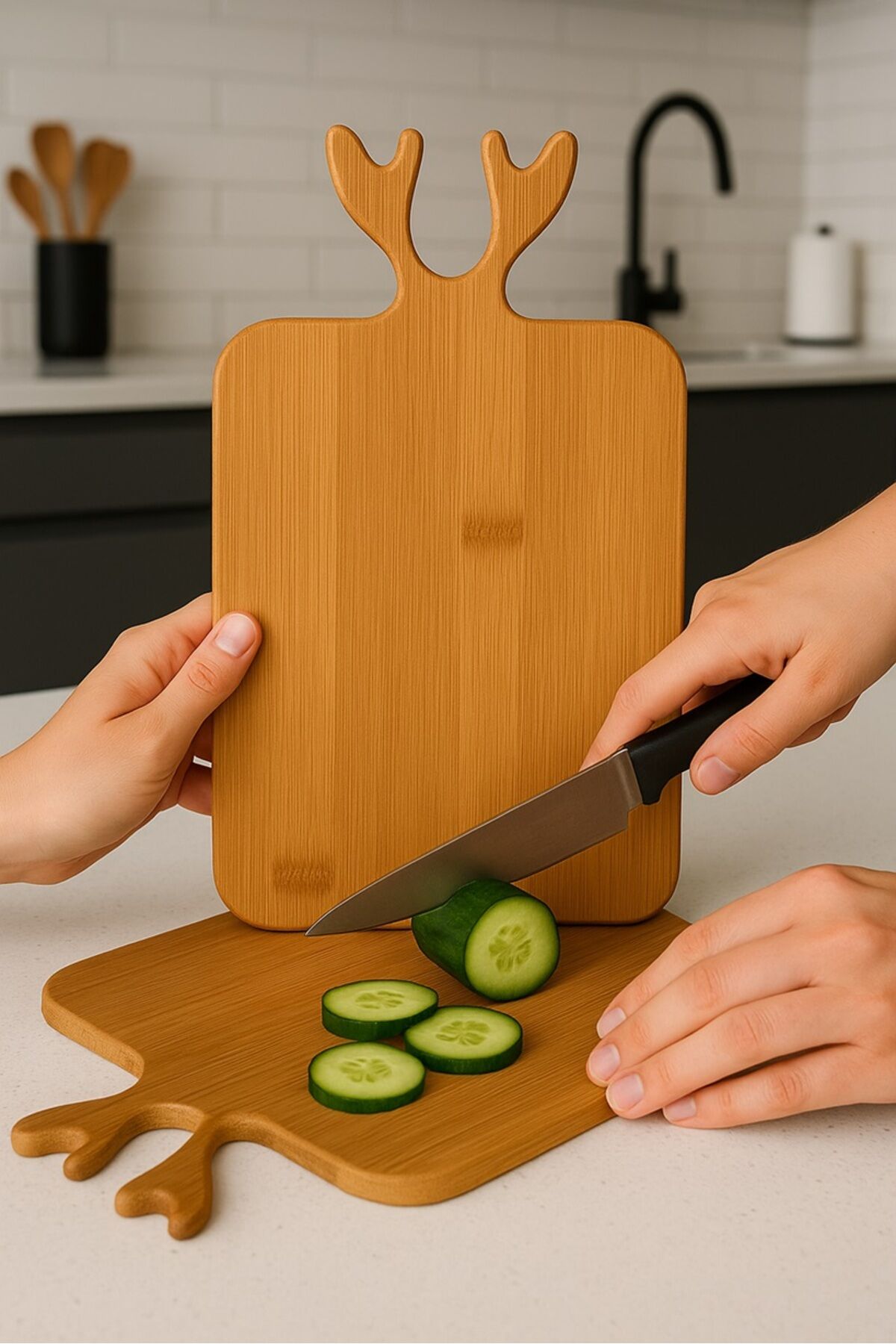 Geyik Figürlü Bambu Kesme Tahtası – Dekoratif Mutfak Sunum Tahtası Sarı - Tek Ebat - 25 x 35