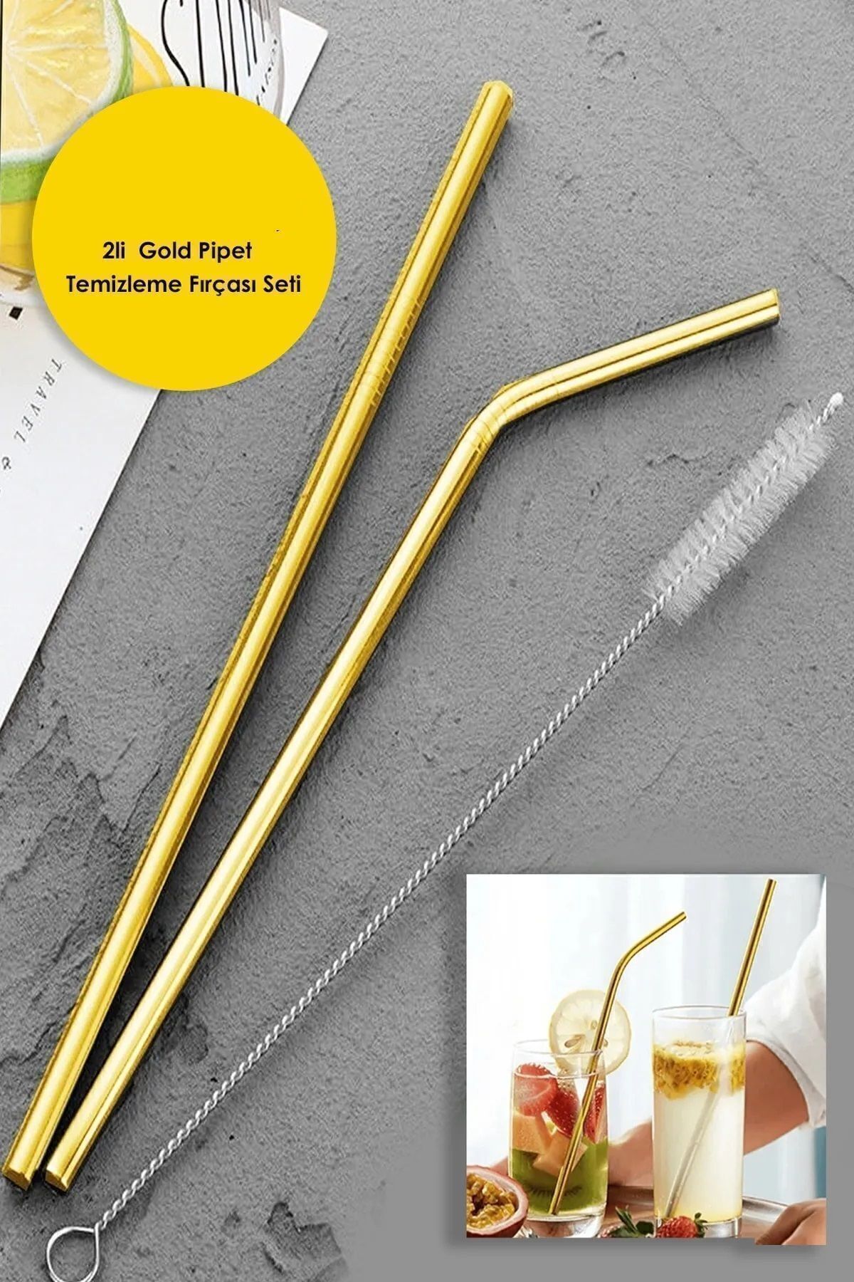 2li Gold Metal Pipet Paslanmaz Çelik Meşrubat Pipeti Çubuk Pipet Temizleme Fırçası