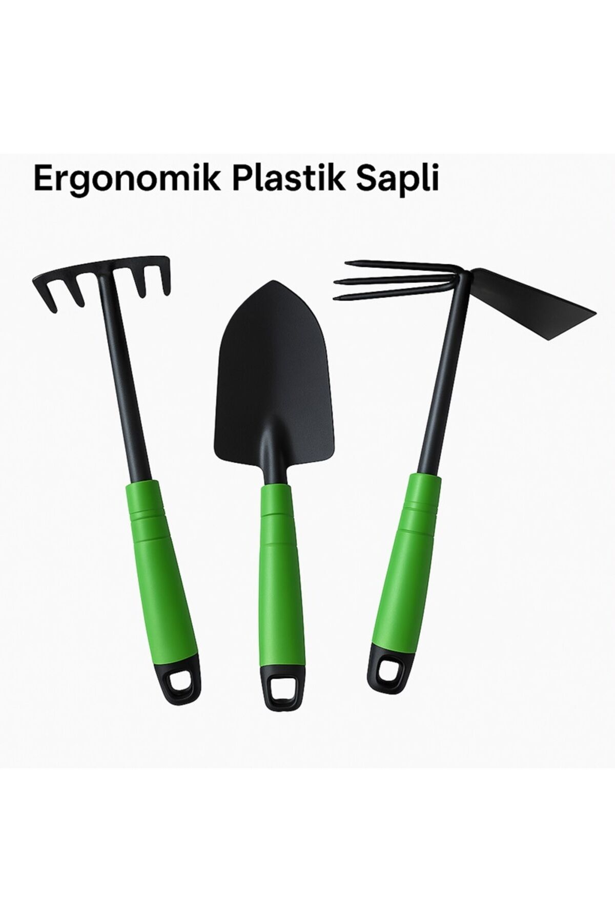 3'lü Bahçe El Aletleri Seti – Kürek, Tırmık, Çapa | Ergonomik Plastik Saplı Tek Ebat