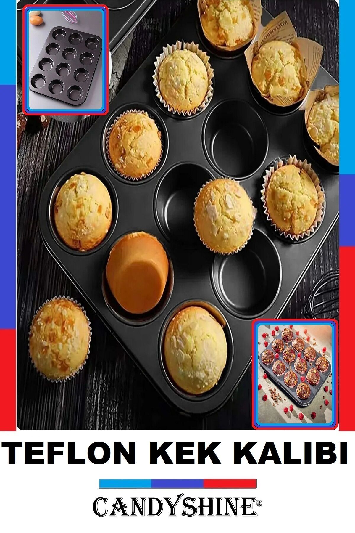12' Li Teflon Muffin Cupcake Fırın Tepsisi Yapışmaz Çörek Kek Siyah - Tek Ebat