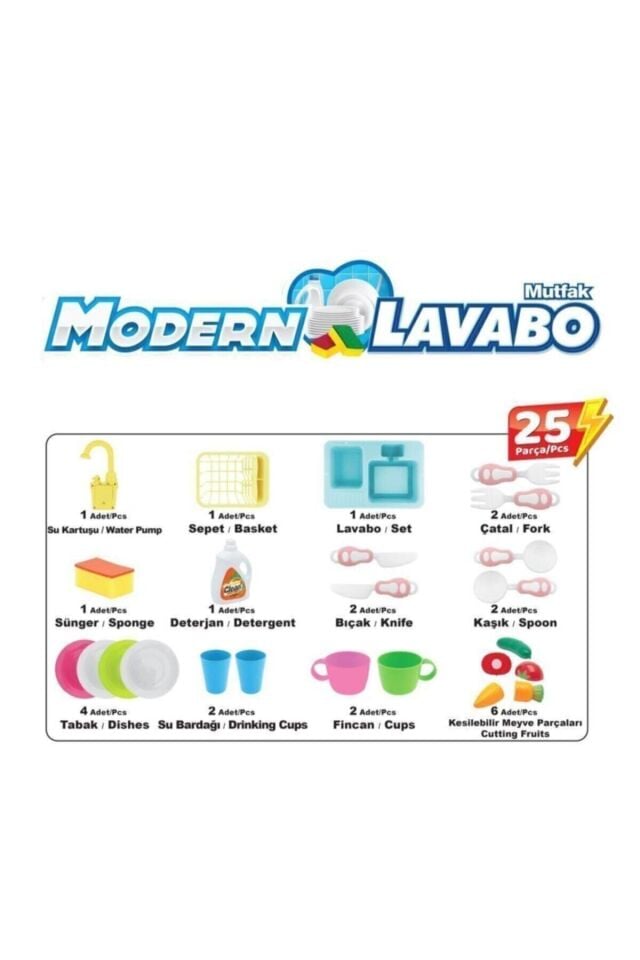 Modern Çeşmeli Lavabo Seti Mavi Pilli Mutfak Oyuncak Seti