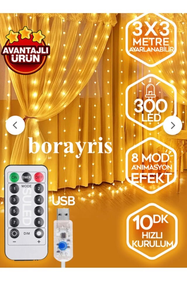 Perde Led Peri Led 3m X 3m ( 300cm X 300 Cm ) Yüksek Kaliteli- borayris- USB fişli