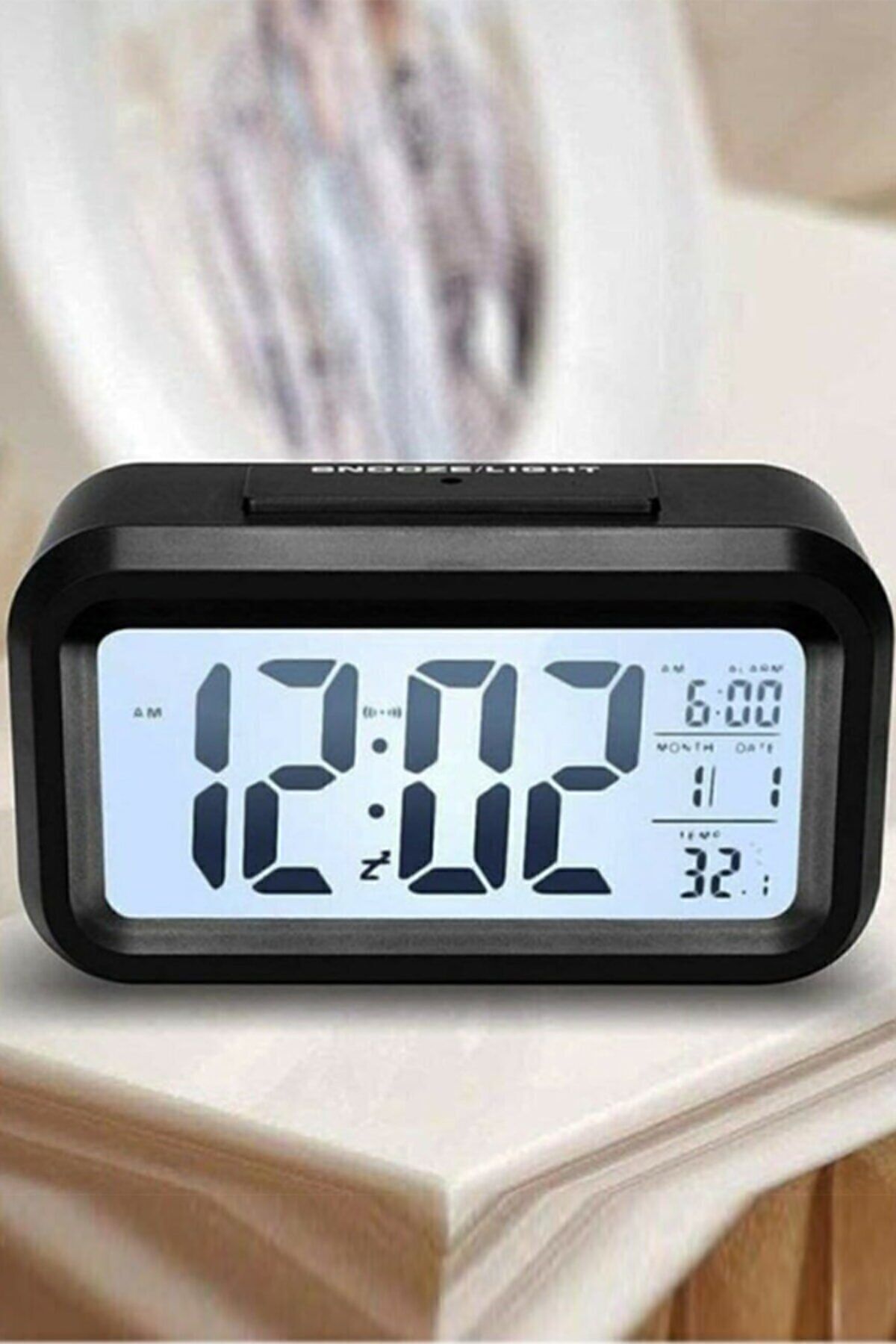 Isı Ölçer Lcd Işıklı Sensörlü Termometreli Alarmlı Dijital Masa Saati Siyah