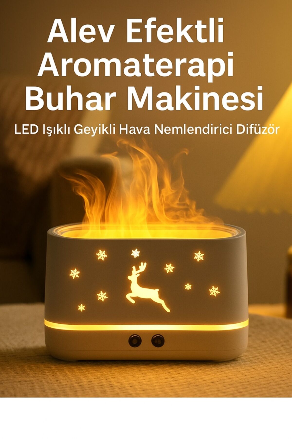 Alev Efektli Aromaterapi Buhar Makinesi – LED Işıklı Geyikli Hava Nemlendirici Difüzör Beyaz - Tek Ebat