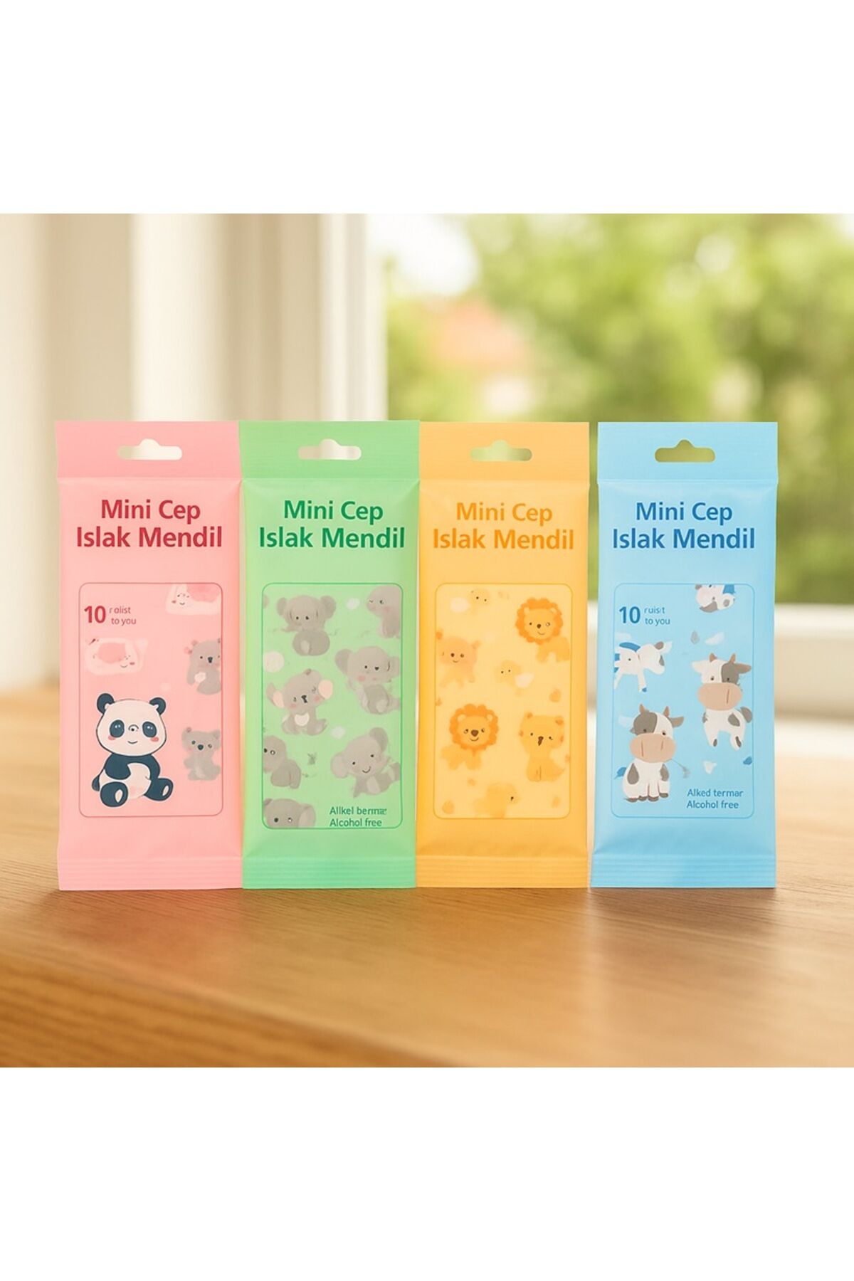 Mini Cep Islak Mendil 4li –Taşınabilir, Renkli ve Hayvan Figürlü Paketler Tek Ebat