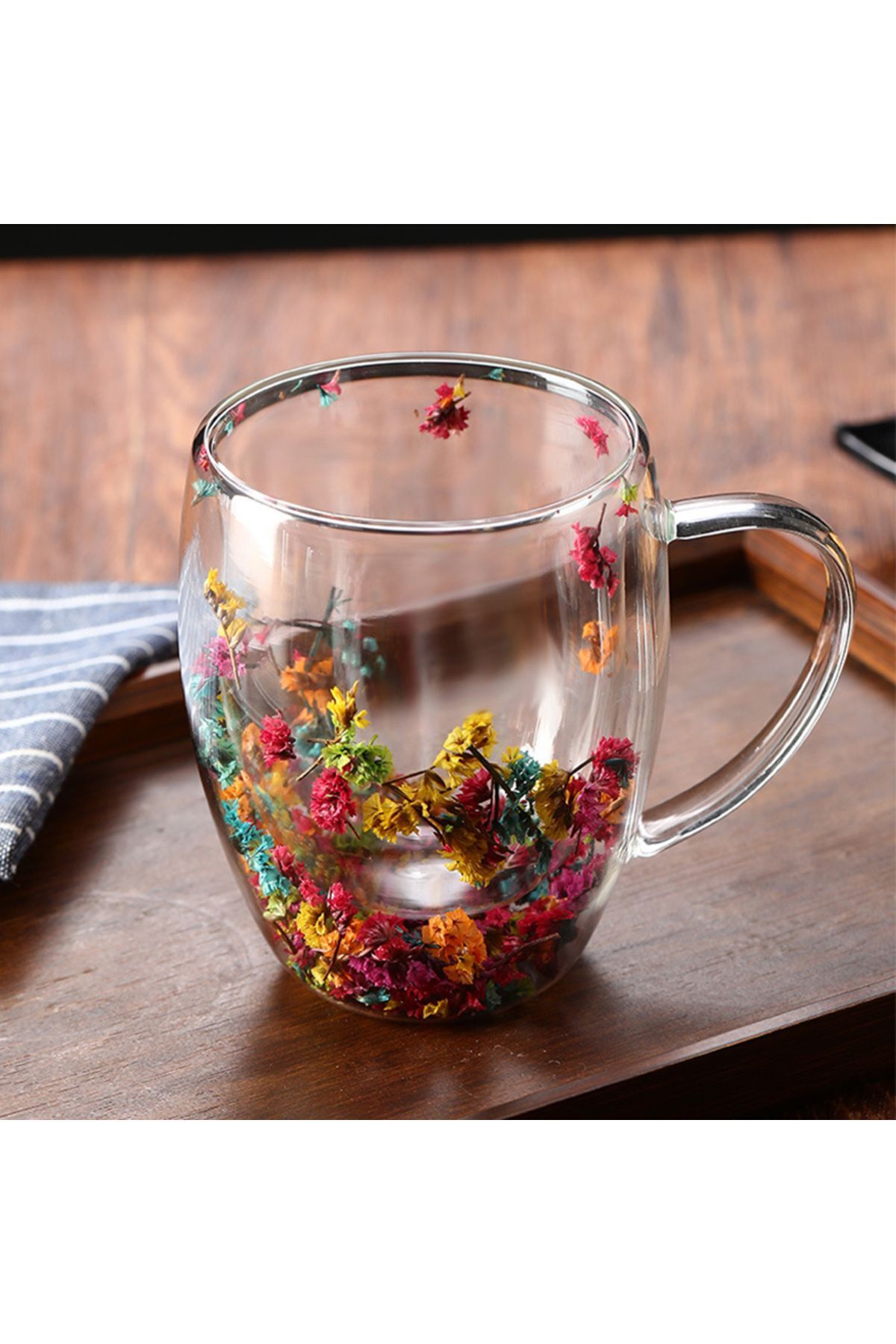 Kurutulmuş Çiçekli Kupa Koza Gift Çift Camlı Şık Dayanıklı Kahve Dış Mekan Çekim Kafe Bardağı 250ml