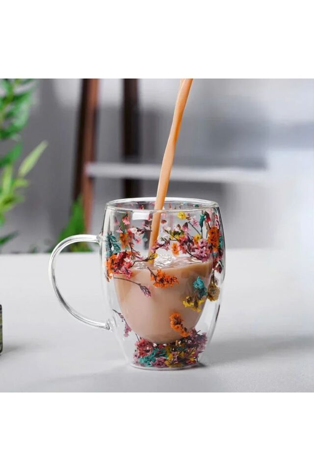 Kurutulmuş Çiçekli Kupa Koza Gift Çift Camlı Şık Dayanıklı Kahve Dış Mekan Çekim Kafe Bardağı 250ml