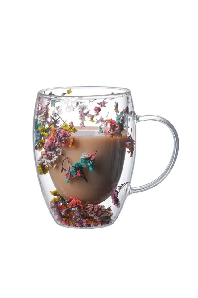 Kurutulmuş Çiçekli Kupa Koza Gift Çift Camlı Şık Dayanıklı Kahve Dış Mekan Çekim Kafe Bardağı 250ml