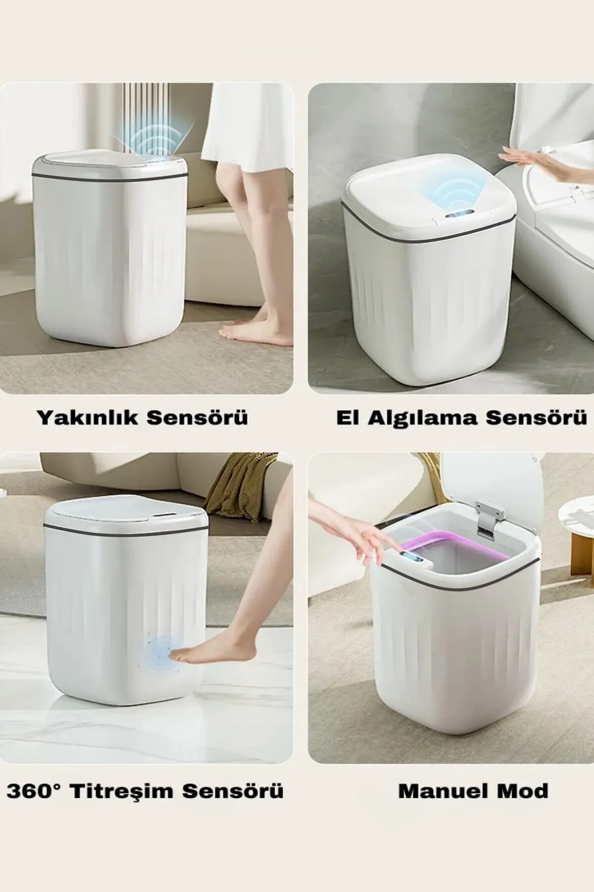 Sensörlü Çöp Kovası Mutfak Banyo Ofis 20L UV Işık Antibakteriyel Koku Geçirmez Ergonomik Tasarımlı Krem - Tek Ebat - 40,5