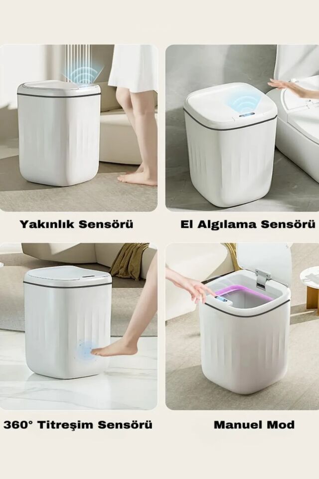 Sensörlü Çöp Kovası Mutfak Banyo Ofis 20L UV Işık Antibakteriyel Koku Geçirmez Ergonomik Tasarımlı Krem - Tek Ebat - 40,5