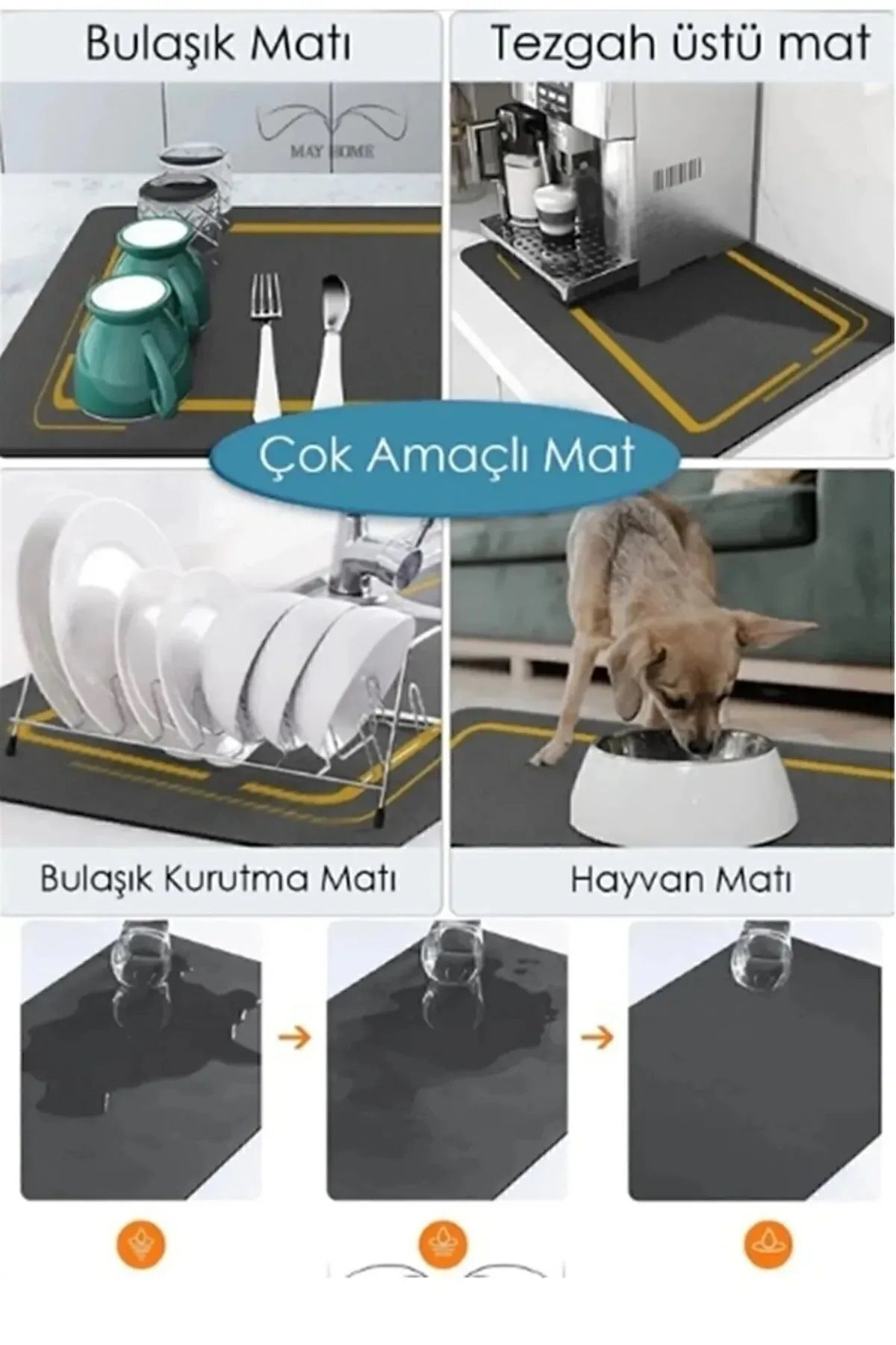 Bulaşık Kurutma Örtüsü Siyah Tezgah Üstü Bulaşık Matı Süper Emici Bulaşıklık