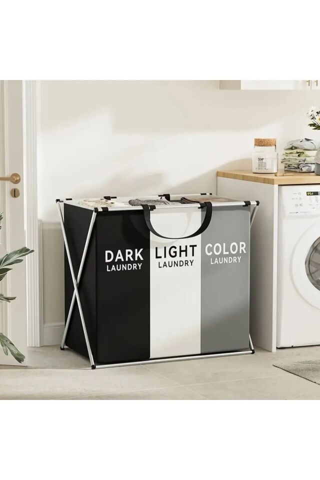 3 Katlanabilir Bölmeli Pinterest Stil Çok Amaçlı Dayanıklı Banyo Kirli Çamaşır Sepeti Siyah - Tek Ebat - 60 x 40