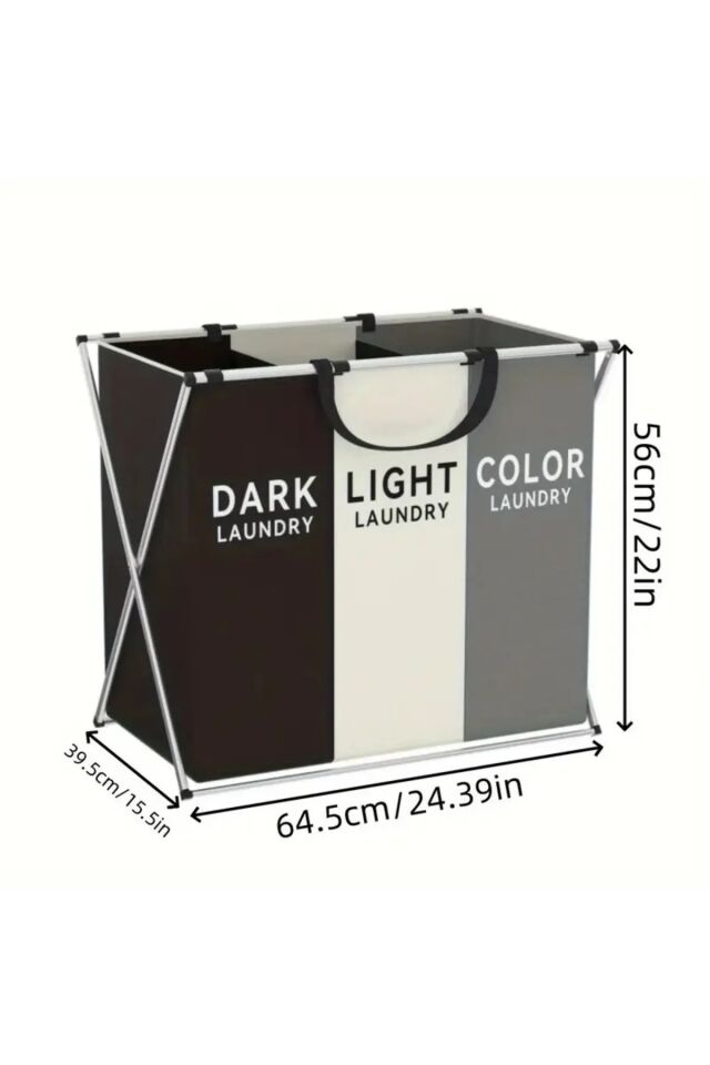 3 Katlanabilir Bölmeli Pinterest Stil Çok Amaçlı Dayanıklı Banyo Kirli Çamaşır Sepeti Siyah - Tek Ebat - 60 x 40
