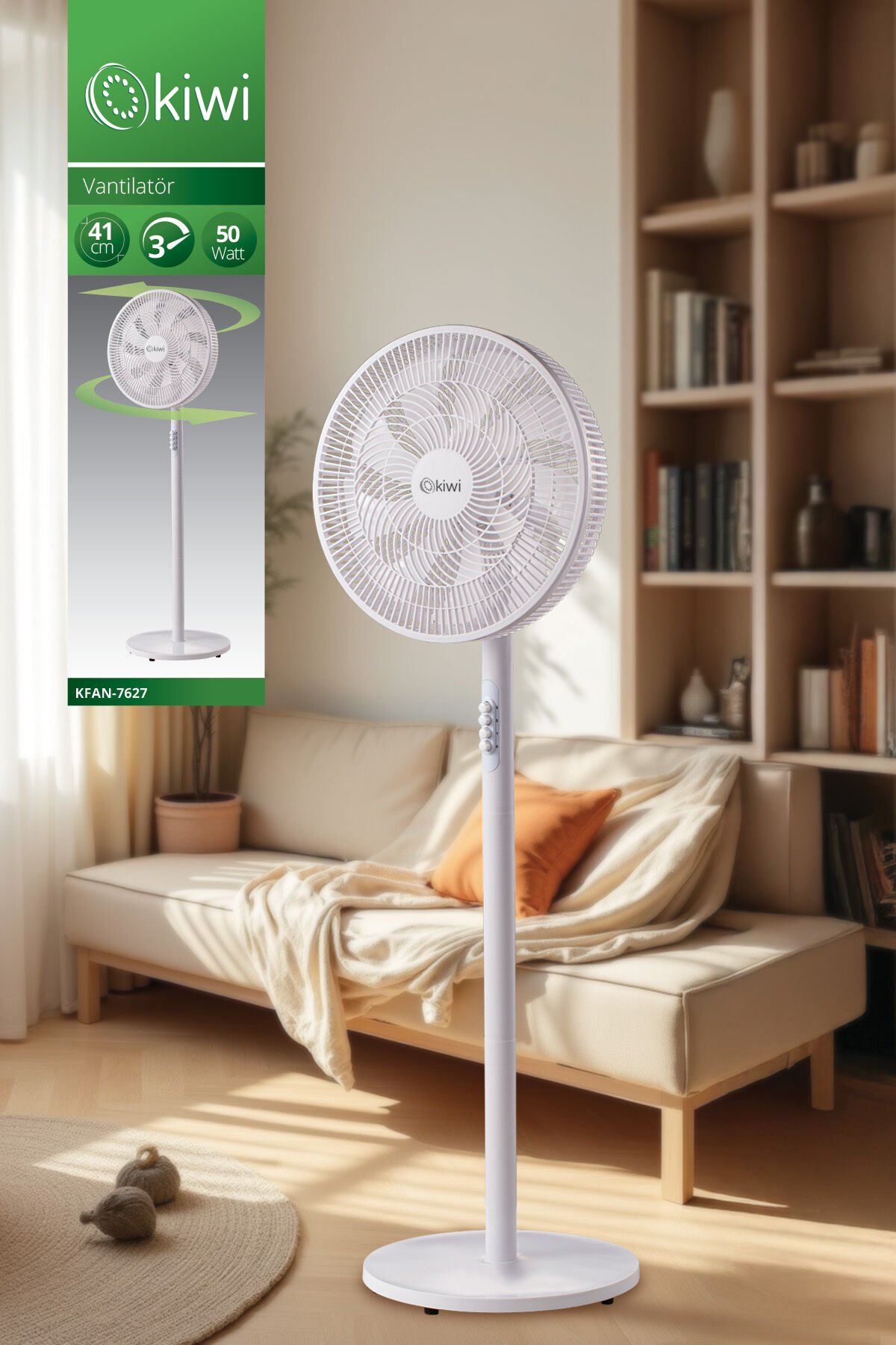 Kfan-7627 Salınım Fonksiyonlu Ultra Sessiz Stand Vantilatör 9 Kanatlı 50W Beyaz - Tek Ebat