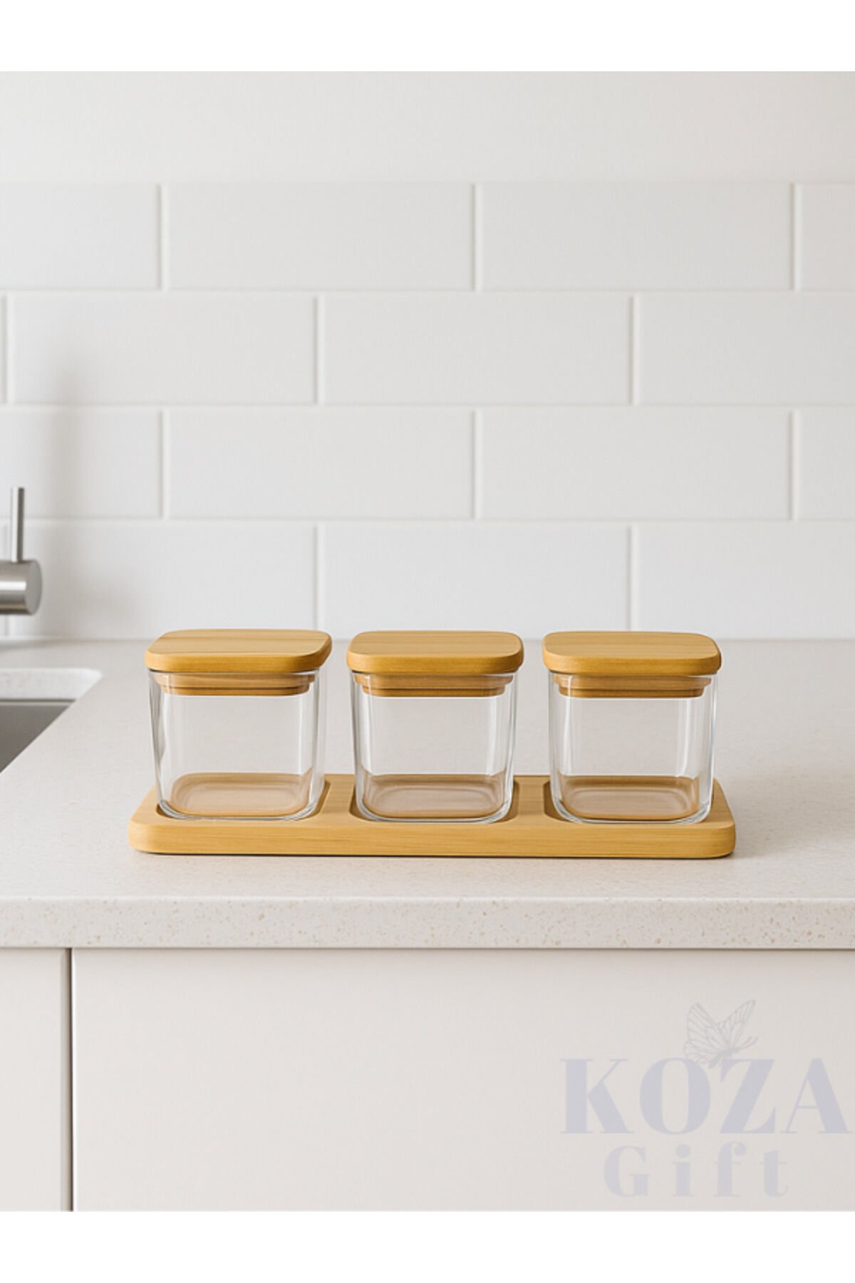 3'lü Cam Kavanoz Seti Ahşap Kapaklı Bambu Standlı Baharat Kuruyemiş Saklama Kabı Minimalist Tek Ebat