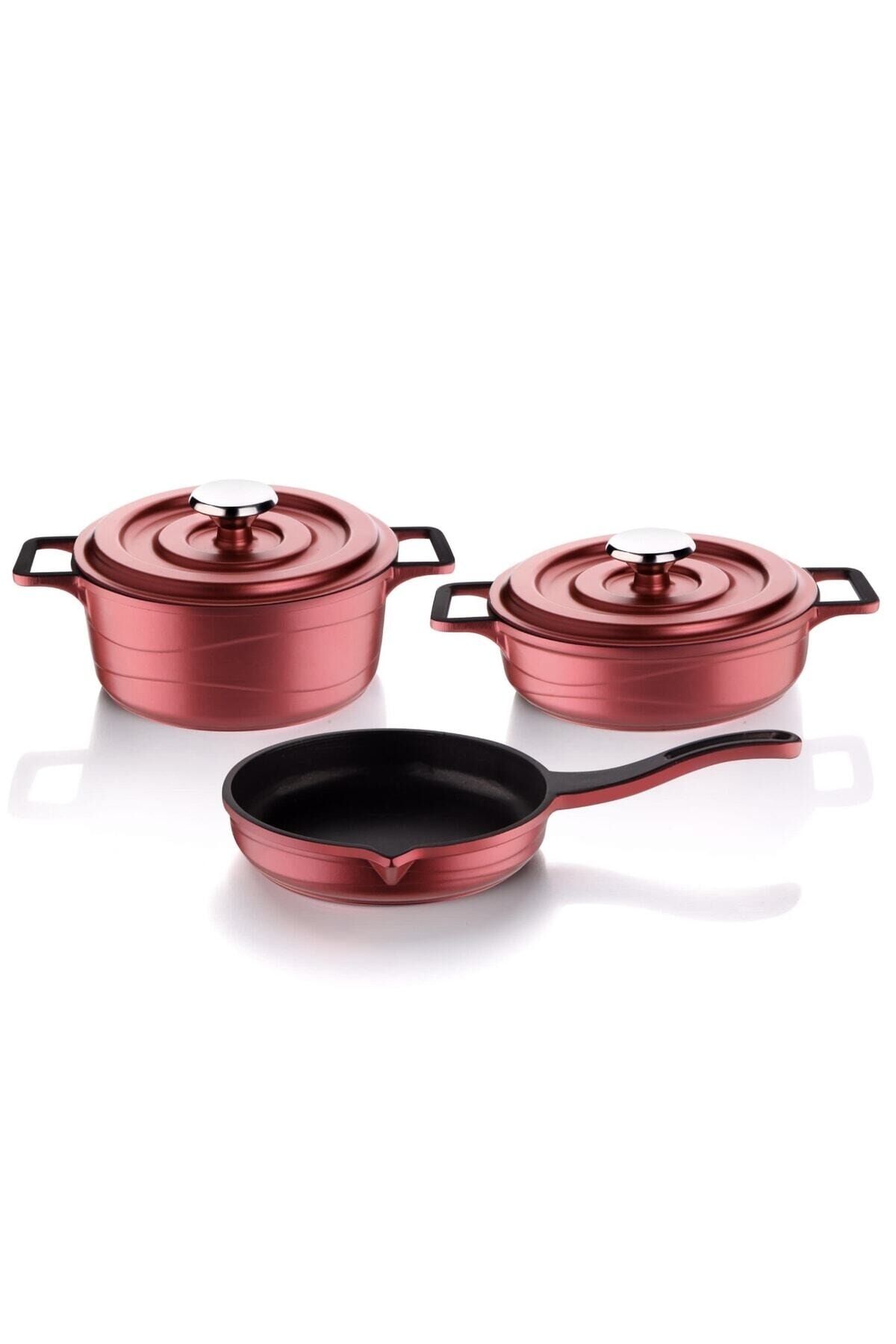 3 Lü Mini Mama Sos Tava Tencere Seti 14 Cm Kırmızı