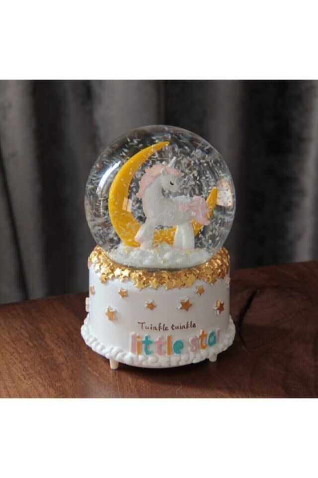 Unicorn Ay Içinde Temalı Kar Küresi Müzik Işıklı Kar Küresi Kutusu Işıklı 15 Cm Orta Boy