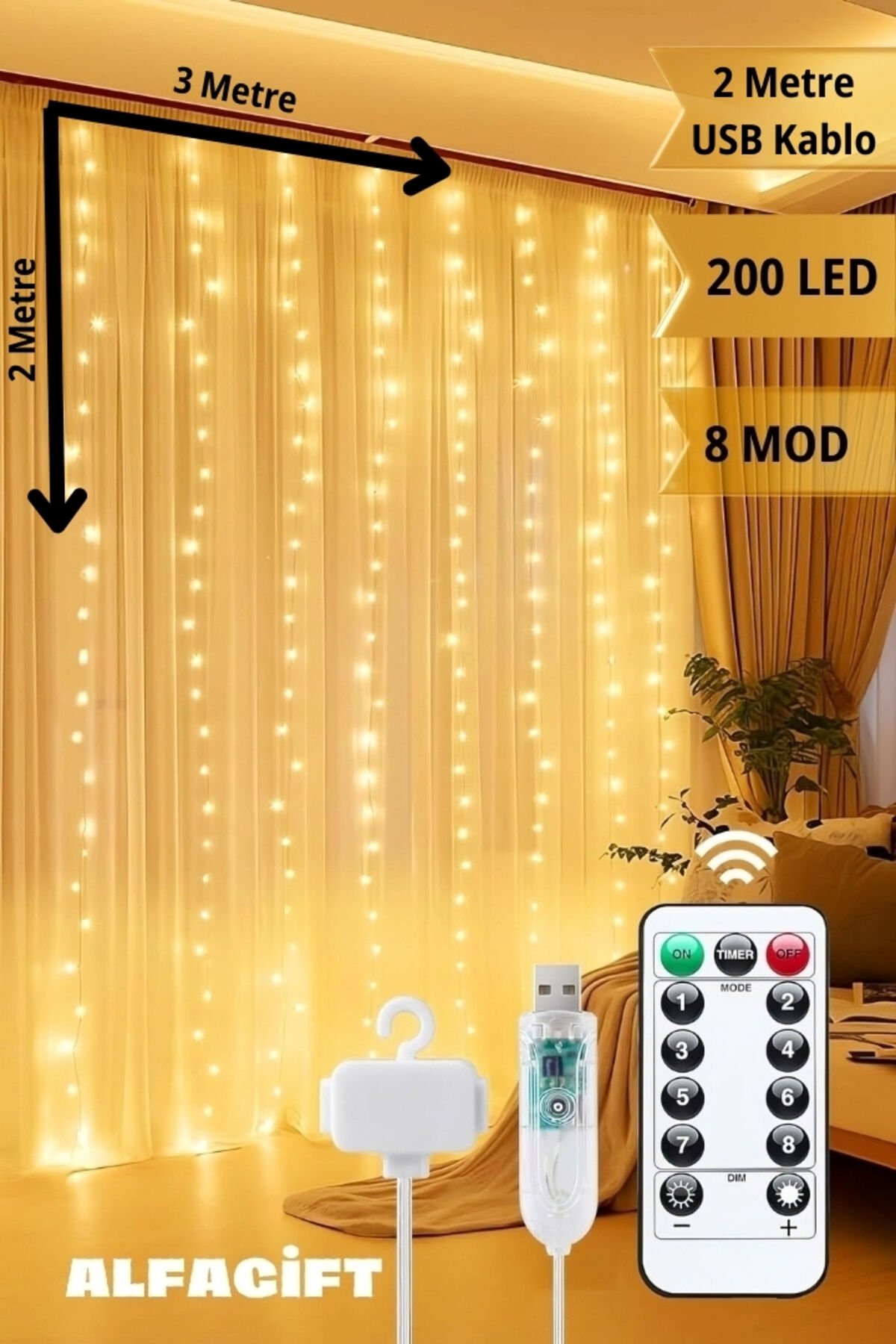 3x2 Metre 200 Ledli 10 Saçaklı Yılbaşı Perde Led Christmas Işık-8 Mod,Uzaktan Kumandalı, Su Geçirmez