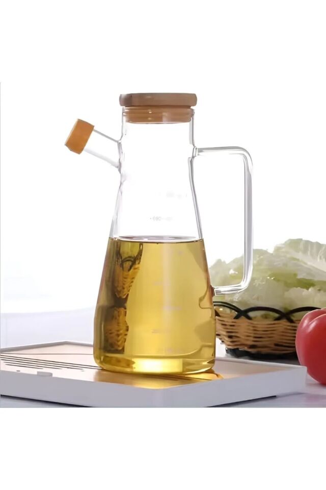 Bambu Kapaklı 900ml Borosilikat Cam Yağlık BEYAZ - Tek Ebat