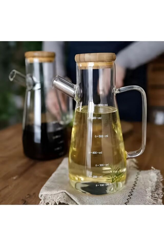 Bambu Kapaklı 900ml Borosilikat Cam Yağlık BEYAZ - Tek Ebat