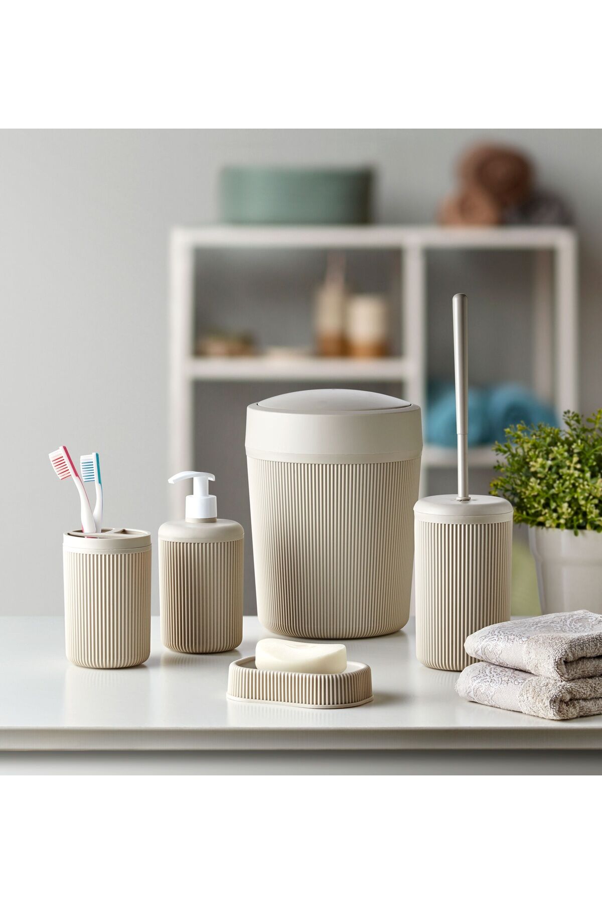 Lüks 5'li Banyo Seti Şık Tasarımlı Banyo Takımı KREM - Tek Ebat