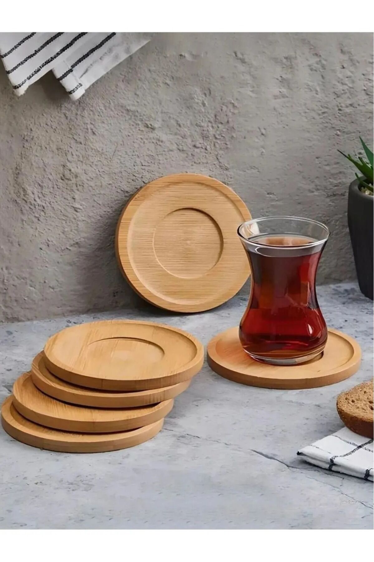 6'lı Bambu Çay Tabağı Seti, Yuvarlak Bambu Çay Bardağı Altlığı Tek Ebat