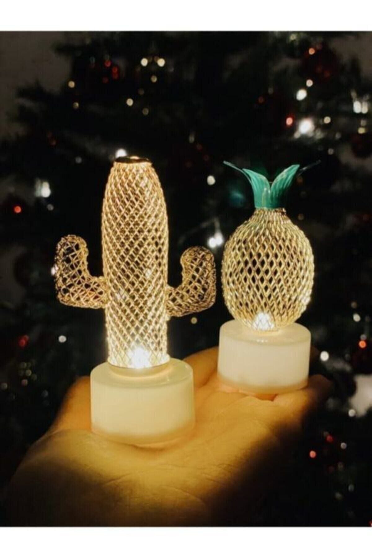 2'li Metal Ananas Ve Kaktüs Model Mini Gece Ve Masa Dekor Lambası Pilli