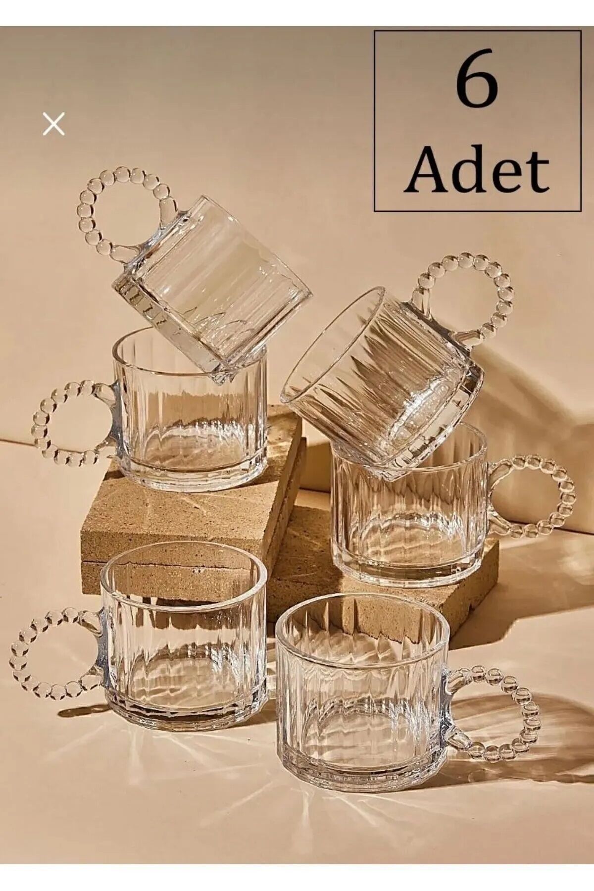 6 Adet Cam Boncuk Kulplu Bardak Kupa Çay Kahve Meşrubat Bardağı 250ml Şeffaf - Tek Ebat