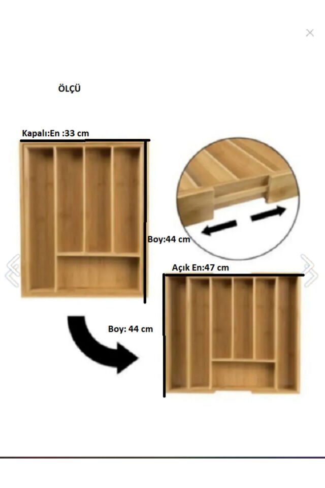 Büyük Boy Bambu Çekmece Içi Kaşıklık Açılır Kapanır Düzenleyici Kapalı (33x44) Açık (47x44)cm