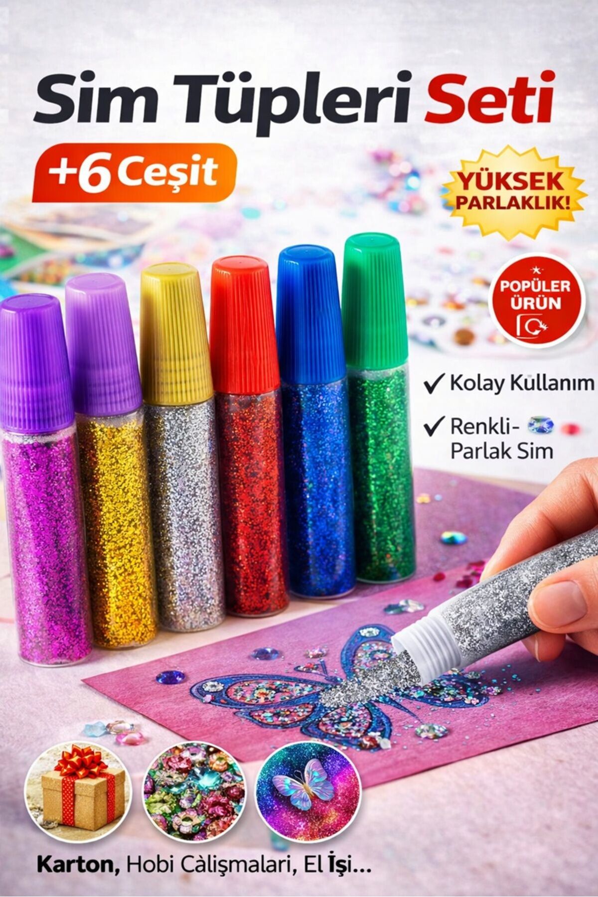 6’lı Sim Tüpleri Seti Renkli Parlak Sim Hobi El İşi Süsleme Glitter Set