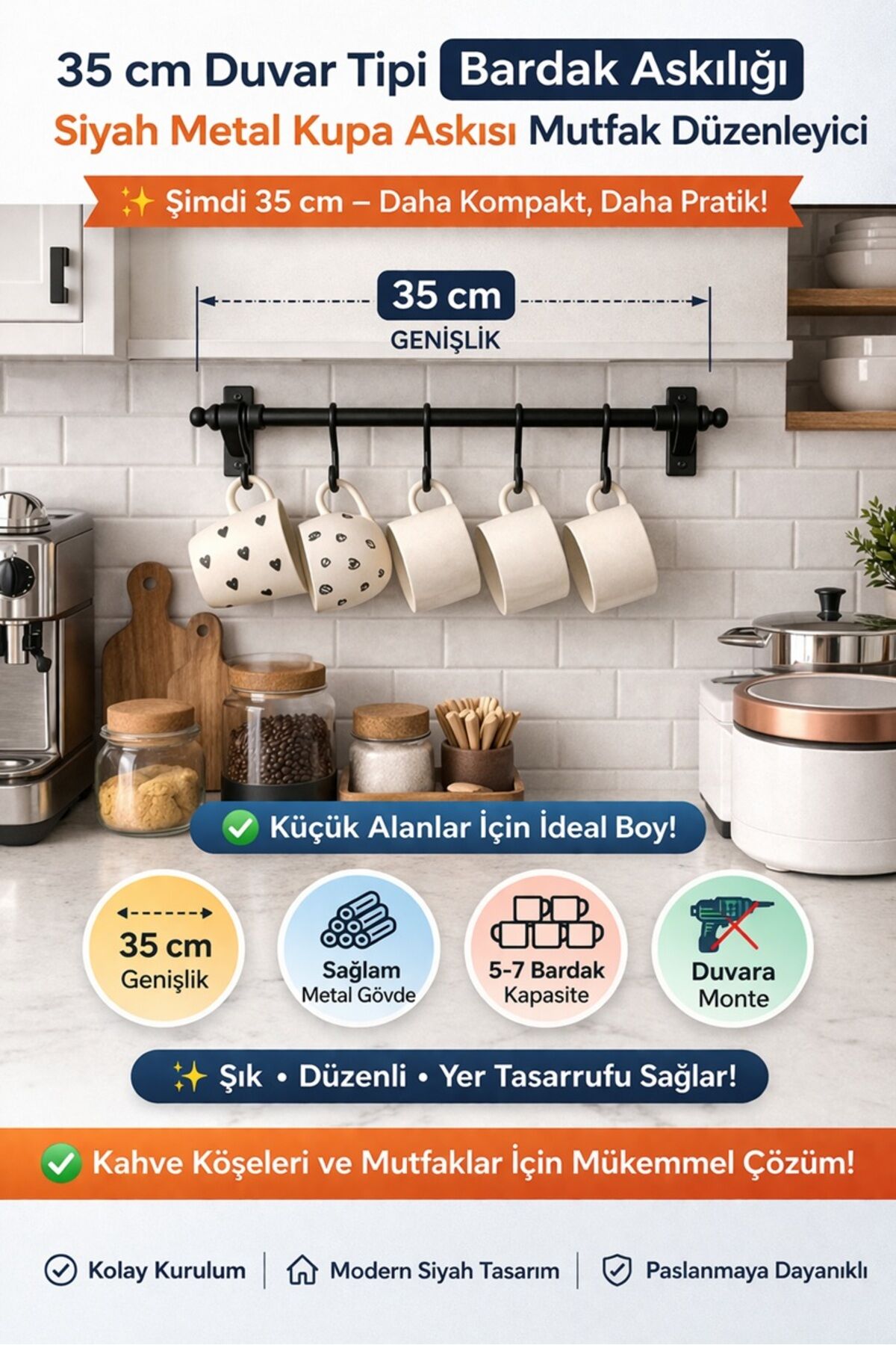35 cm Duvar Tipi Bardak Askılığı Siyah Metal Kupa Askısı Mutfak Düzenleyici Organizer