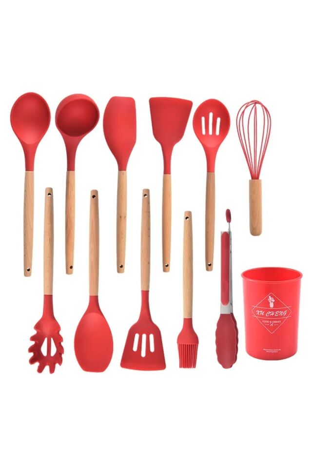 Slikon 11'li Kepçe Seti Isıya Dayanıklı; Kepçe-çırpıcı-makarna Kepçesi- Spatula Standlı Servis Seti SİYAH - Tek Ebat
