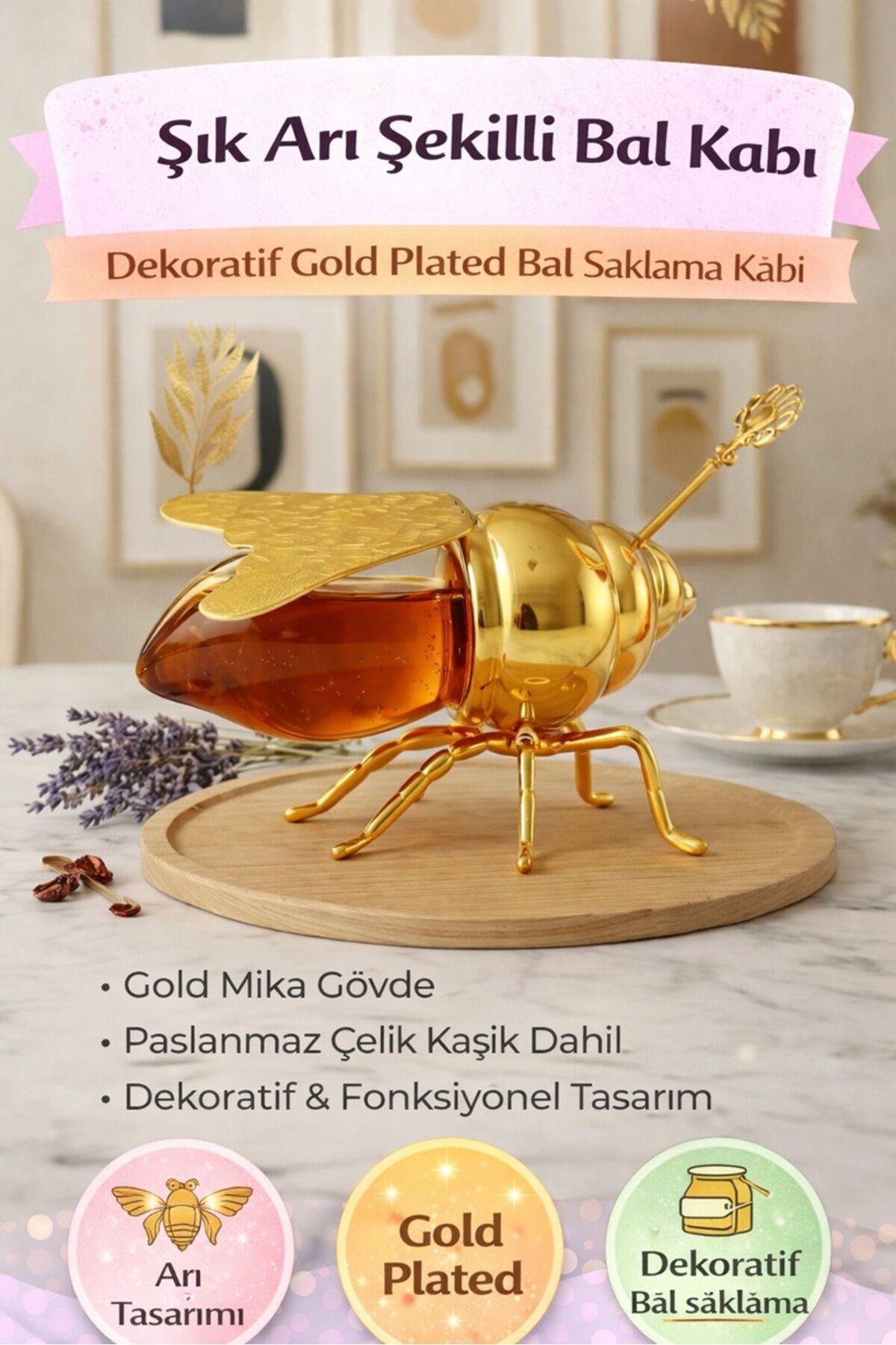 Arı Tasarımlı Bal Kabı – Gold Kaplama Dekoratif Bal Kavanozu Kaşıklı plastik Bal Saklama Kabı